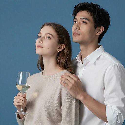 Blue-Lit Couple Looking Up Together