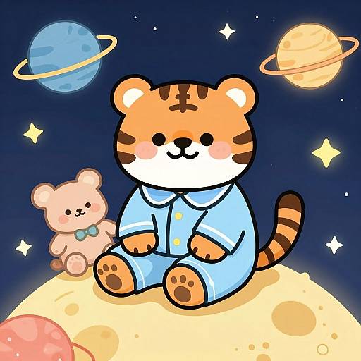 Cheerful Tiger in Pajamas on Moon
