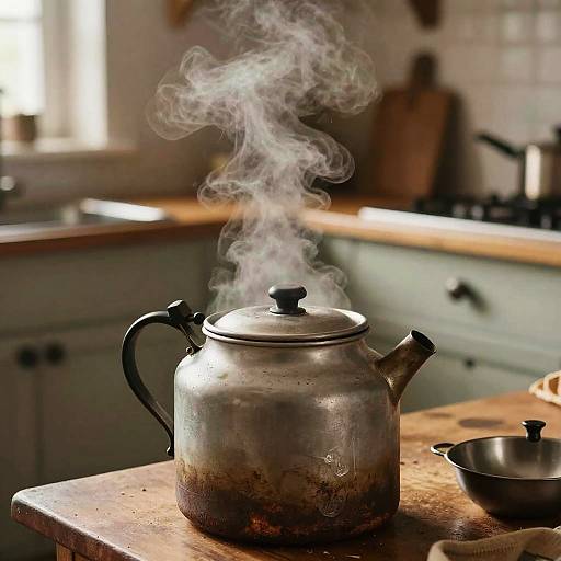 Kocher mit Dampf in rustikaler Küche