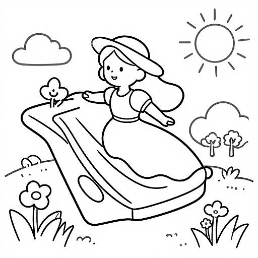 Black-and-white line drawing of a smiling girl in a dress and hat, sliding down a hill in a sunny, floral meadow.