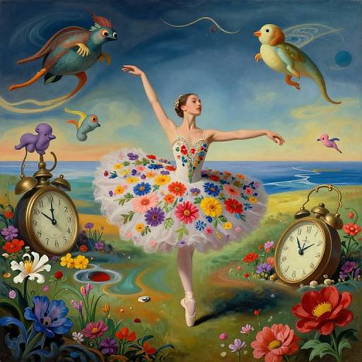 Digital painting of a ballet dancer in a floral tutu, dancing with colorful birds and clocks, surrounded by vibrant flowers by the sea.