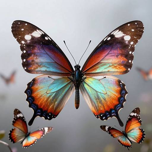Photograph of a vibrant orange and blue butterfly with white spots, surrounded by smaller butterflies with similar colors, against a soft, blurred background.