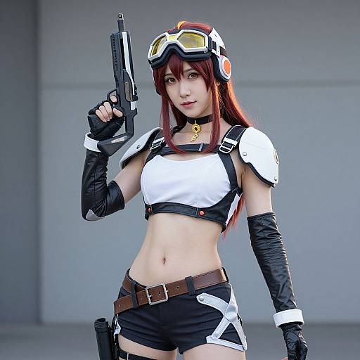 Photograph of an Asian woman in a sci-fi cosplay, holding a pistol, with red hair, goggles, white armor, black gloves, and shorts