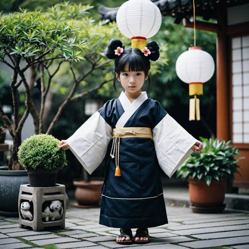 Young Girl in Traditional Japanese Kimono with Hair Buns