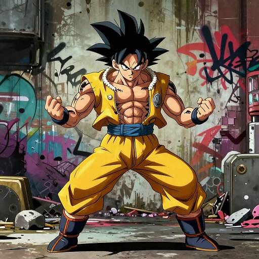 Digital art of muscular Goku in yellow gi, black hair, fierce stance, graffiti-covered, abandoned urban background, detailed shadows, vibrant colors.