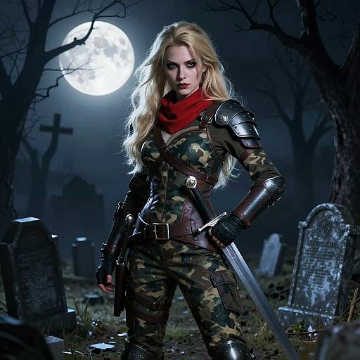 Fierce Blonde Warrior in Moonlit Graveyard
