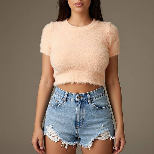Photograph of a woman with long dark hair, wearing a fluffy pink crop top and distressed blue denim high-waisted shorts.