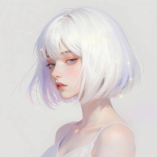 Digital painting of a pale-skinned woman with a white bob haircut, soft pink lips, and subtle blush, wearing a white top, against a bright