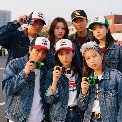 Group of friends with denim jackets and disposable cameras