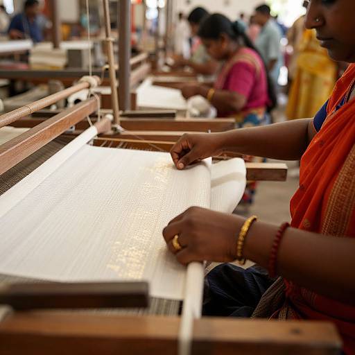 Photograph of Indian women in vibrant saris working on wooden looms, weaving white fabric in a busy textile factory.