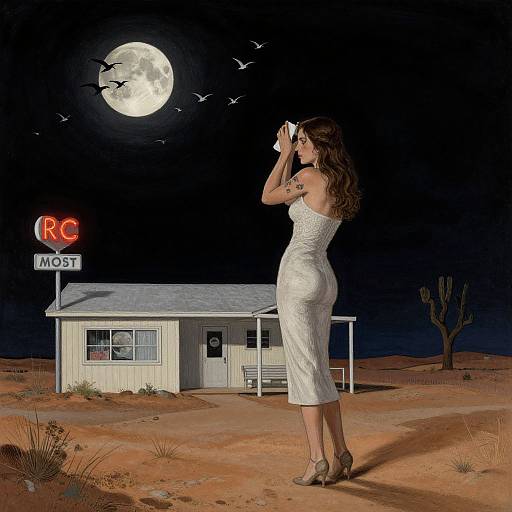 Photograph-style illustration of a woman in a white, strapless, form-fitting dress, standing in a desert at night, facing a small white