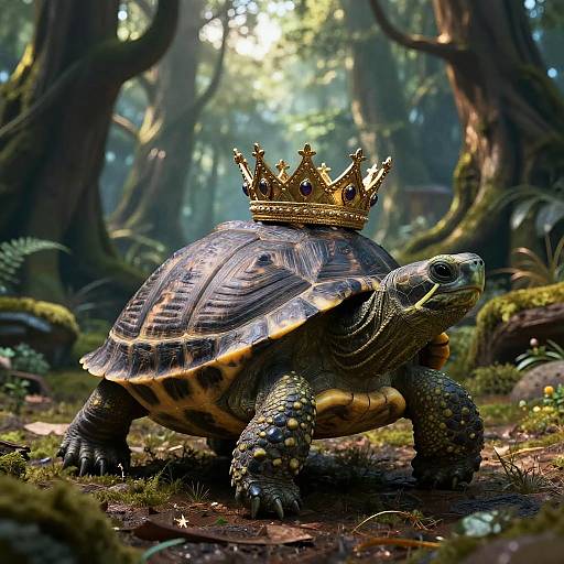 Photorealistic digital artwork of a turtle wearing a gold crown with jewels, standing in a lush, sunlit forest with moss-covered trees.