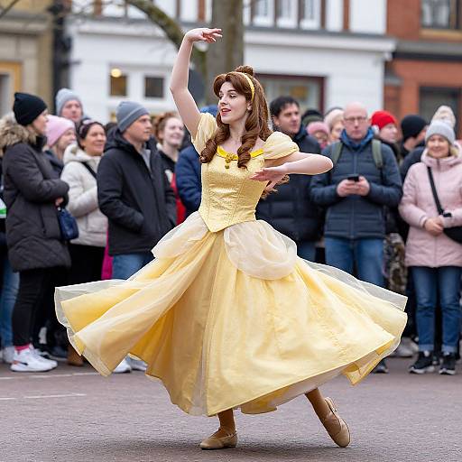 Photograph of a fair-skinned woman with brown hair in a yellow ball gown dancing in a street, surrounded by a diverse crowd.