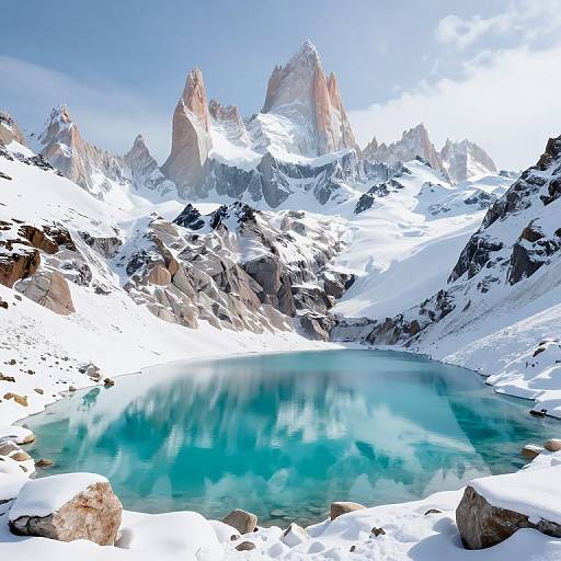 Photograph of a serene, turquoise glacial lake surrounded by snow-covered mountains with jagged peaks, under a clear blue sky.