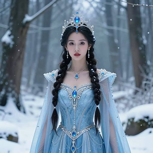 Regal Woman in Blue Dress in Snowy Forest