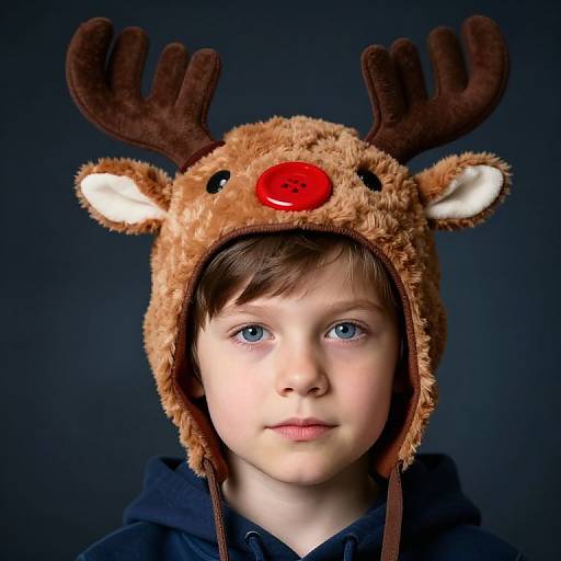 Photograph of a young boy with fair skin, blue eyes, and brown hair wearing a brown reindeer-themed hat with antlers and a red nose