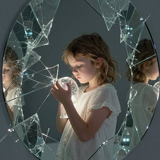 Photograph of a young girl with wavy brown hair, wearing a white lace dress, holding a glowing orb, reflected in a cracked mirror, illuminated