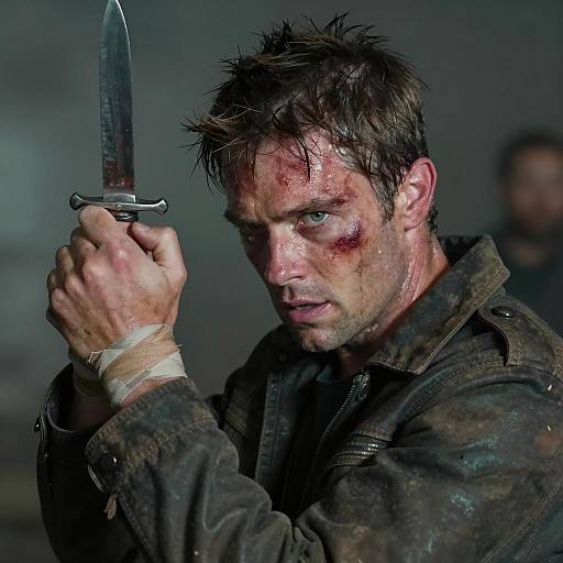 Intense Portrait of a Battle-Worn Man