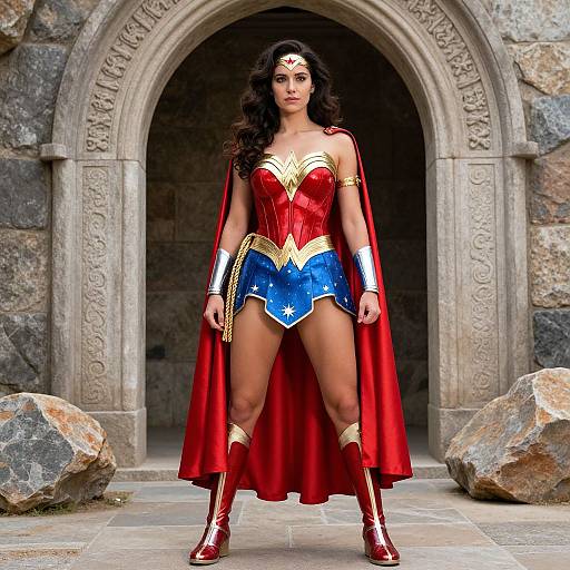 Photograph of a Latina woman with curly black hair, wearing Wonder Woman's red, blue, and gold costume, standing confidently in a stone archway