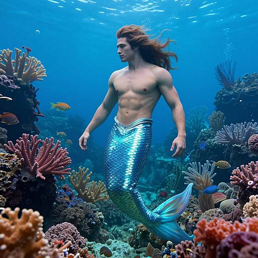 Photograph of a muscular, shirtless, long-haired merman with a shimmering blue fish tail, swimming among vibrant coral reefs and colorful fish in