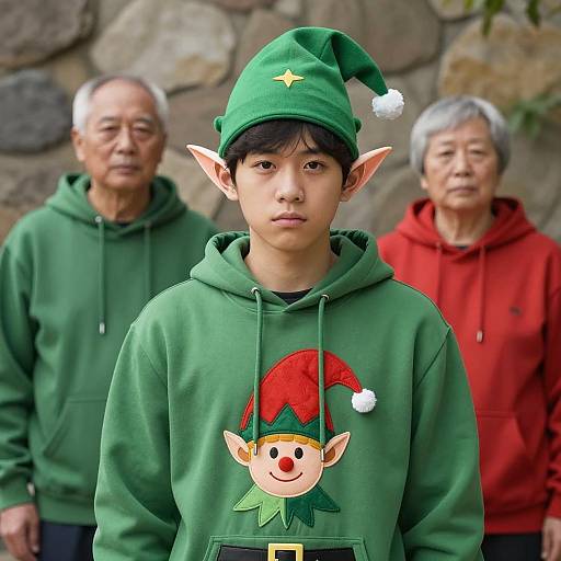 Young Man in Hip Hop Elf Costume with Elderly Couple