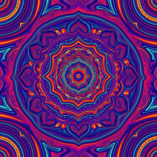 Vibrant, psychedelic digital mandala with intricate, neon blue, red, and orange patterns. Symmetrical, swirling designs create a hypnotic,