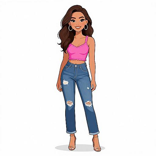 Digital illustration of a smiling, brown-haired woman in a pink crop top and ripped blue jeans, wearing hoop earrings, barefoot.