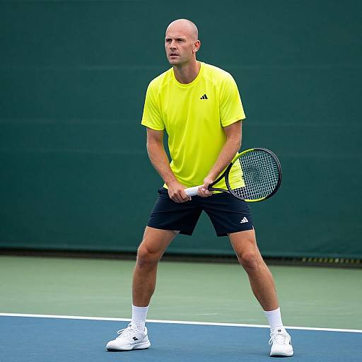 Photograph of a bald, muscular man in a bright yellow shirt and black shorts, holding a tennis racket, standing on a blue-green tennis court with