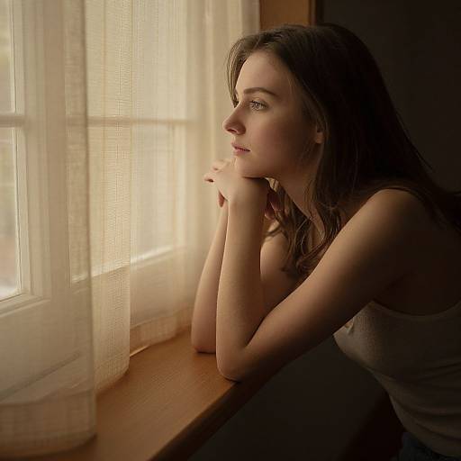 Photograph of a pensive young woman with long brown hair, wearing a sleeveless top, resting her chin on her hands by a sunlit window