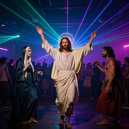Photograph of a dramatic, neon-lit stage performance: bearded Jesus in white robe with halo, Mary in blue habit, and shirtless apost