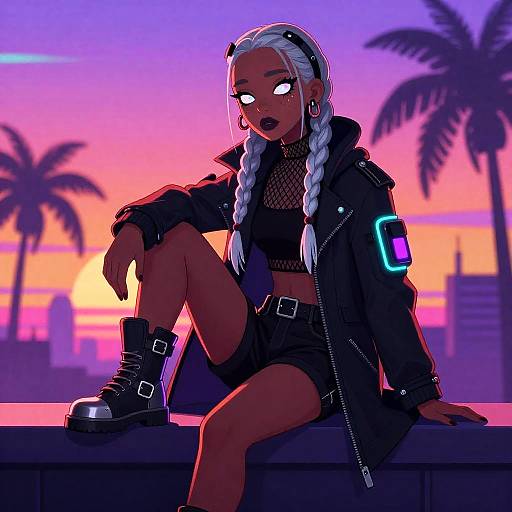 Cyberpunk Androgynous Character at Vaporwave Sunset