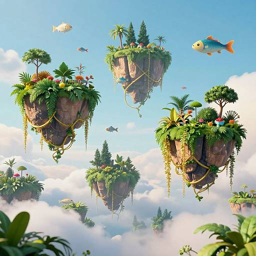 Whimsical CGI image of floating, lush, plant-covered islands with diverse foliage, colorful fish, and a vibrant blue sky with fluffy clouds.
