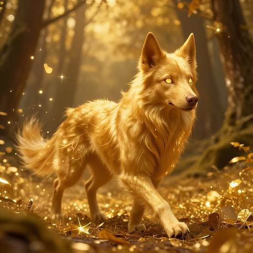 Photorealistic digital artwork of a glowing, golden-furred wolf with intense yellow eyes walking through a sunlit, autumnal forest, surrounded by sparkling