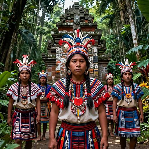 Photograph of four Indigenous women in vibrant traditional Indonesian attire with feathered headdresses, colorful beadwork, and patterned skirts, standing in front of