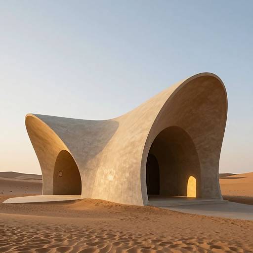 Photograph of a modern, desert sandstone building with curved, arched entrances, bathed in golden sunset light, set in a sandy, barren