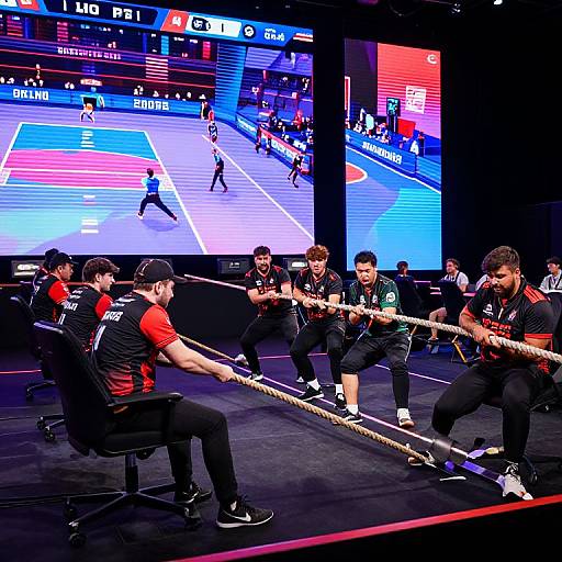 Photograph of male athletes in black and red shirts pulling a heavy rope against a large, brightly lit sports game screen.