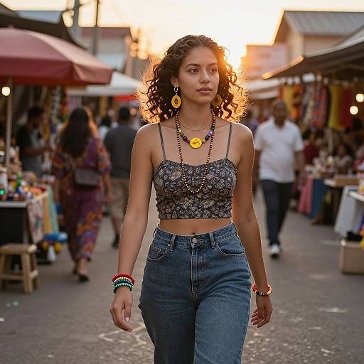 Photograph of a curly-haired woman with tan skin, wearing a black lace crop top and high-waisted jeans, adorned with colorful bracelets and a
