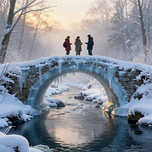 Photograph of three silhouetted people standing on a snow-covered, icicle-adorned stone bridge over a frozen, reflective stream at sunrise