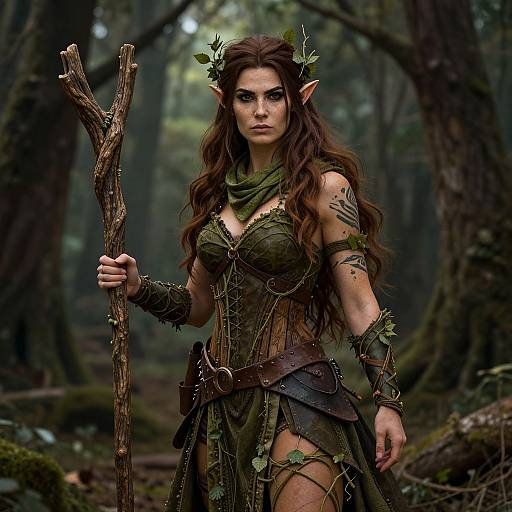 Digital fantasy artwork of an elven woman with long brown hair, pointed ears, green leafy attire, and tattoos, holding a wooden staff in a