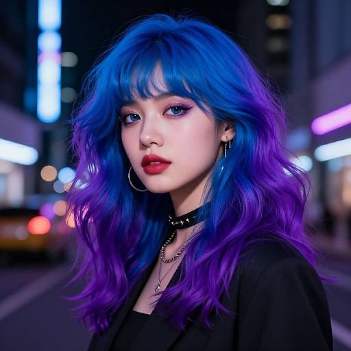 Photograph of a young woman with vibrant blue and purple wavy hair, red lipstick, black choker, hoop earrings, and black top, standing