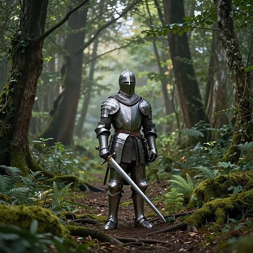 Photograph of a medieval knight in shiny silver armor, holding a sword, standing in a lush, moss-covered forest path.