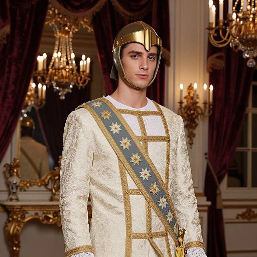 Photograph of a young man in an ornate white and gold medieval-style tunic with a blue sash, wearing a gold helmet, standing in