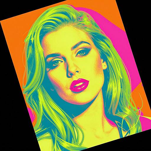 Bright, neon-colored digital portrait of a blonde woman with bold pink lips, vibrant green hair, and intense gaze, set against an orange-pink background