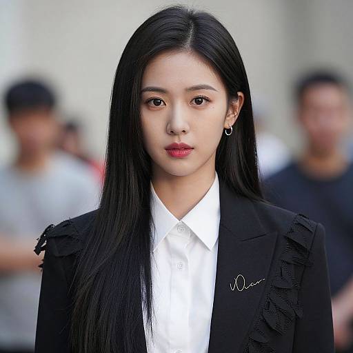 Photograph of an Asian woman with long black hair, red lipstick, black ruffled blazer, and white shirt, standing in a blurred outdoor crowd