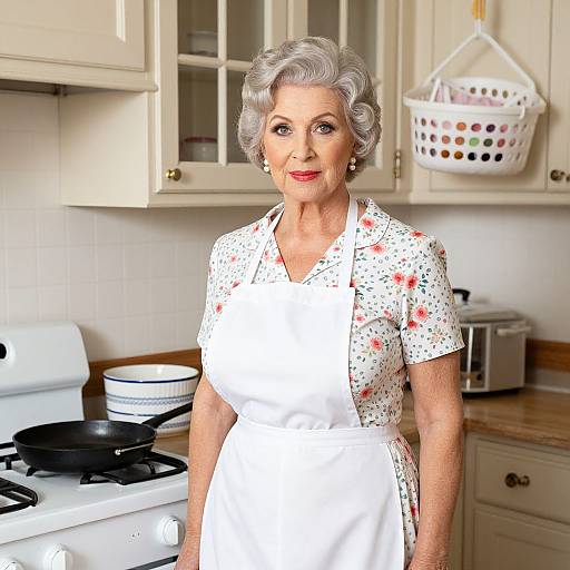 Photograph of an elderly white woman with short gray hair, wearing a white apron over a floral shirt, standing in a bright kitchen with beige cabinets