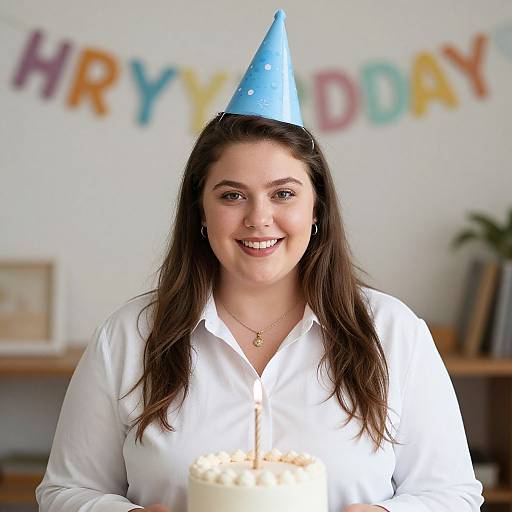 Photograph of a smiling young woman with long brown hair, wearing a blue party hat and white shirt, holding a lit birthday candle, with 