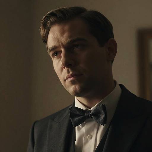 Photograph of a serious, handsome Caucasian man with short brown hair, wearing a dark suit, white dress shirt, and black bow tie, dimly