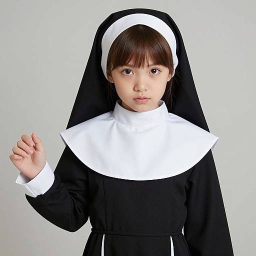 Photograph of an Asian young girl with straight brown hair, wearing a black and white nun's habit, raising her right hand against a plain white background