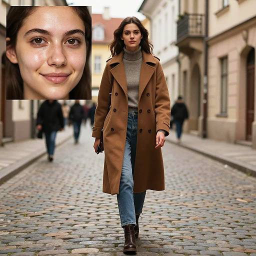 Photograph of a smiling young woman with olive skin and dark hair, wearing a brown coat, gray turtleneck, blue jeans, and brown boots