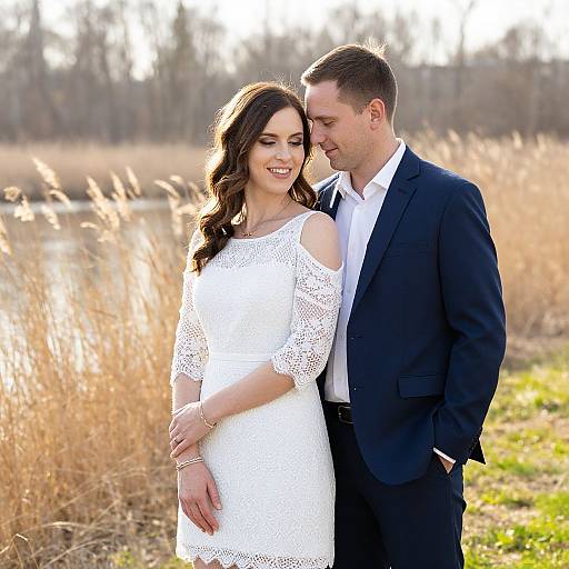 Photograph of a smiling couple in an outdoor setting; the woman in a white lace dress, the man in a navy suit, standing close with tall